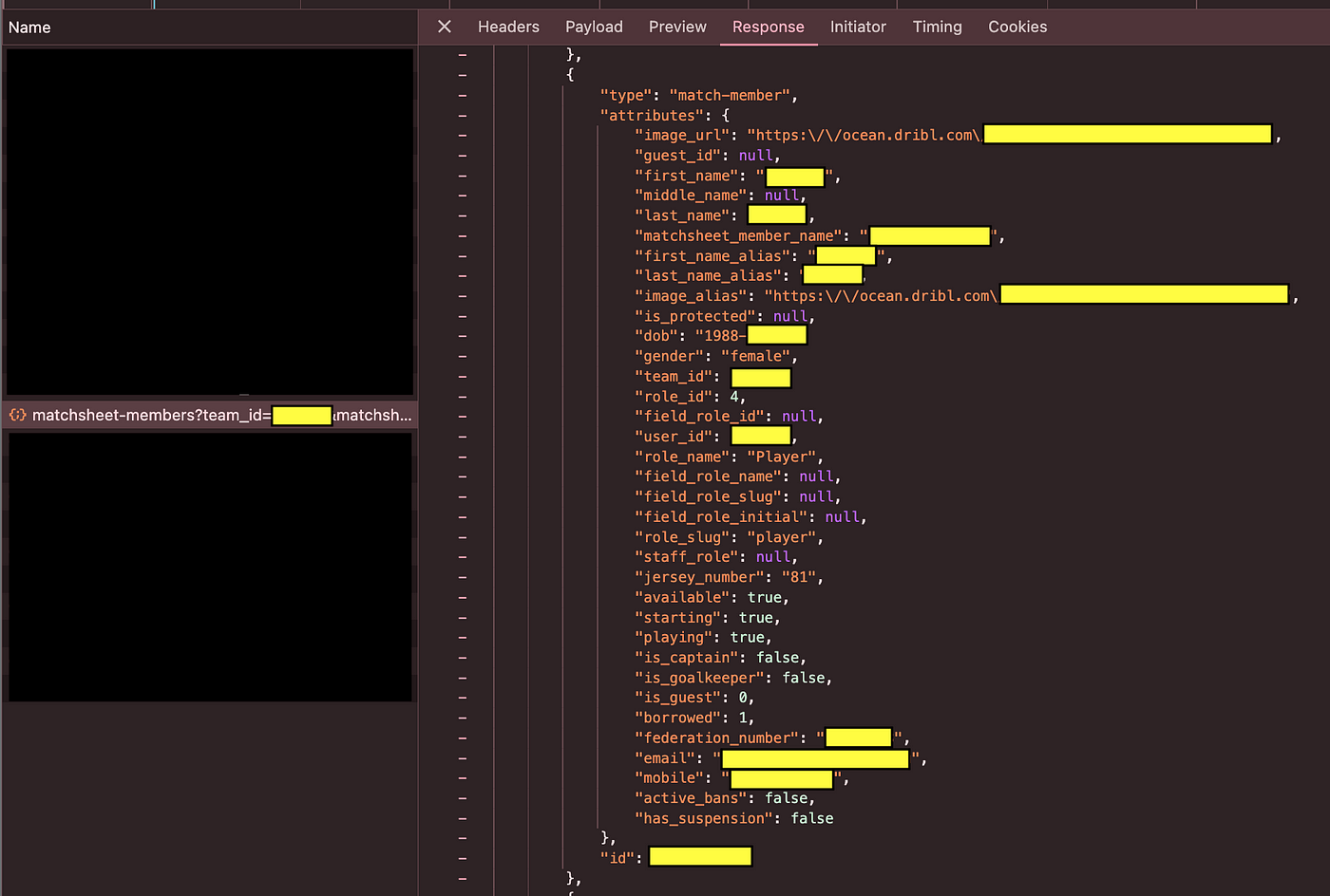 A screenshot of chrome's network tab showing sensitive data in a payload from a regular endpoint.